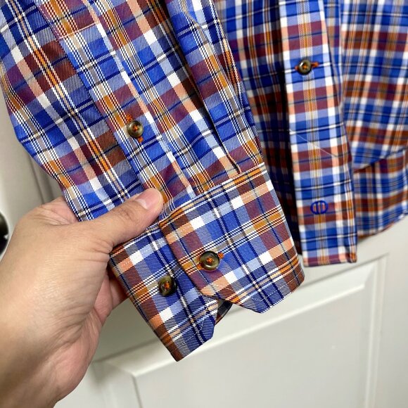 David Donahue Mens Blue/Orange Plaid 100% Cotton Long-Sleeve Button-Down Size M - Picture 6 of 11